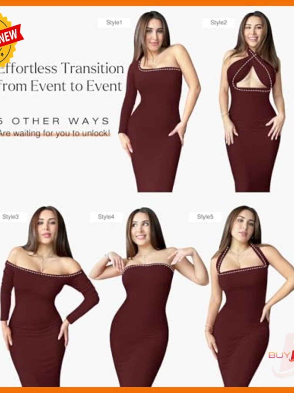 Long Sleeve Maxi Dress with Built-in Shapewear Bra, Square Neck Bodycon - Picture 3 of 7